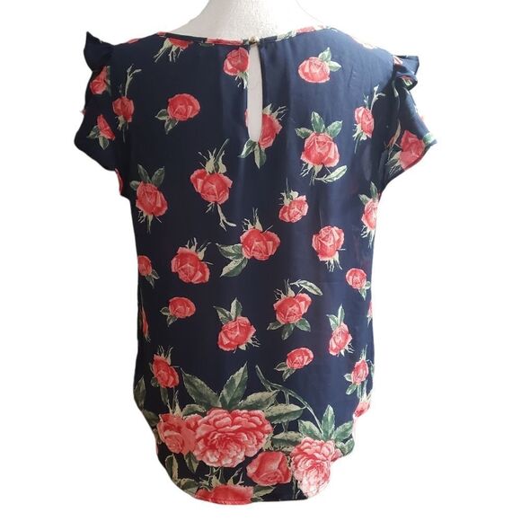 OLM Navy Res Roses Print Sheer Double Layer Ruffle Sleeves Sz M - Picture 2 of 12